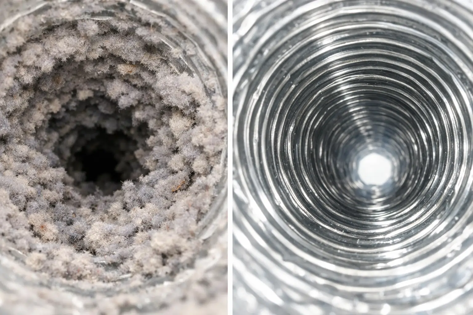 Before and after dryer vent cleaning showing lint buildup and clean vent