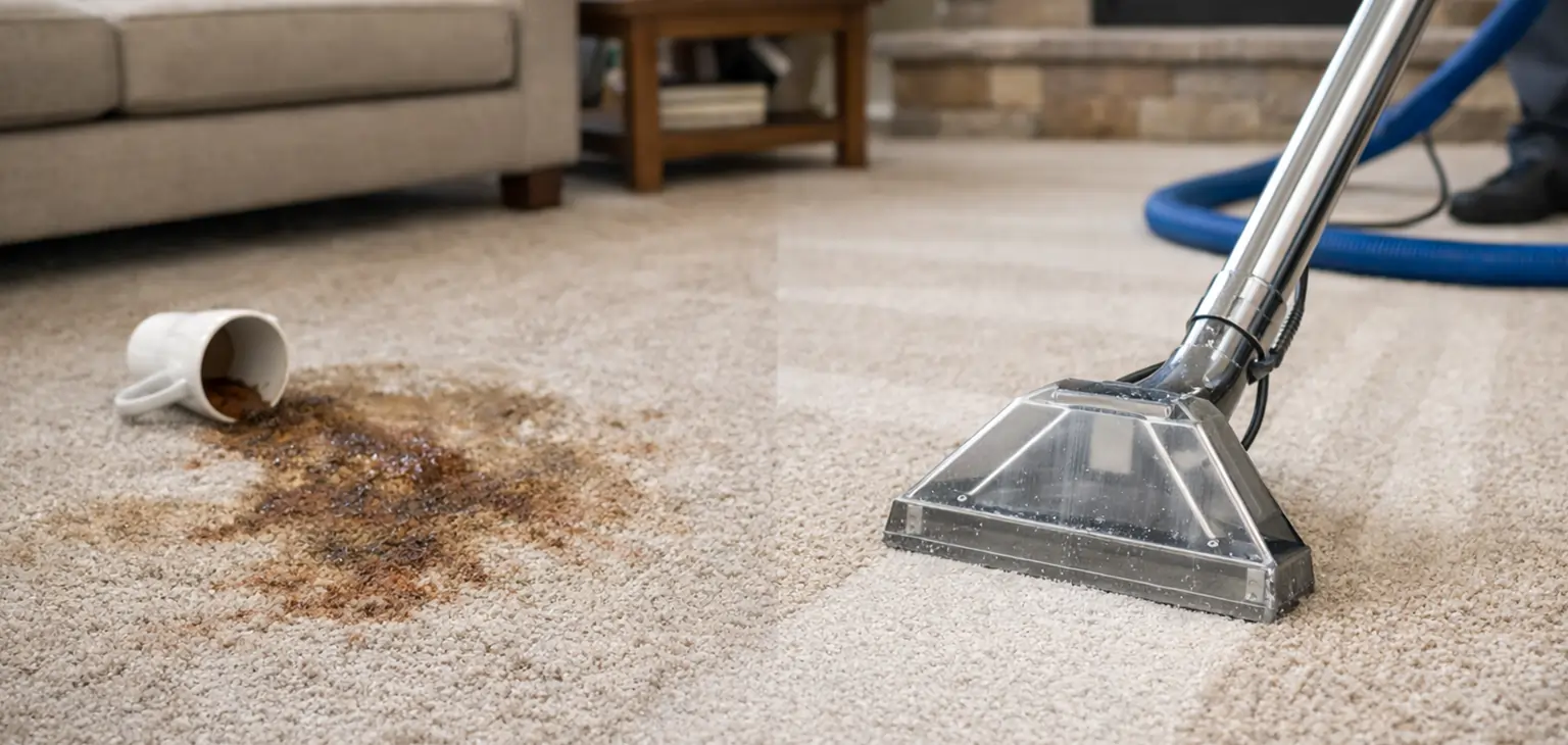 Carpet stain removal using professional cleaning extractor on living room carpet