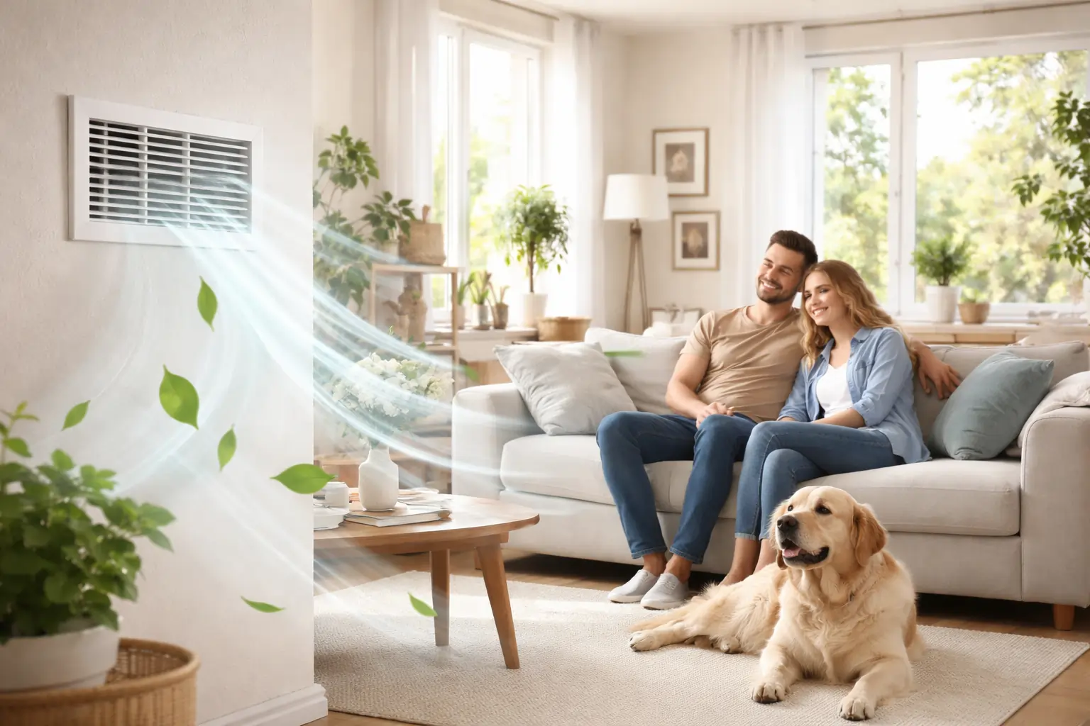Clean air vent improving indoor air quality in bright living room