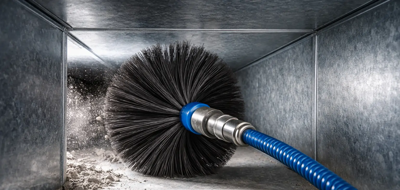 Air duct cleaning brush removing dust buildup inside HVAC duct