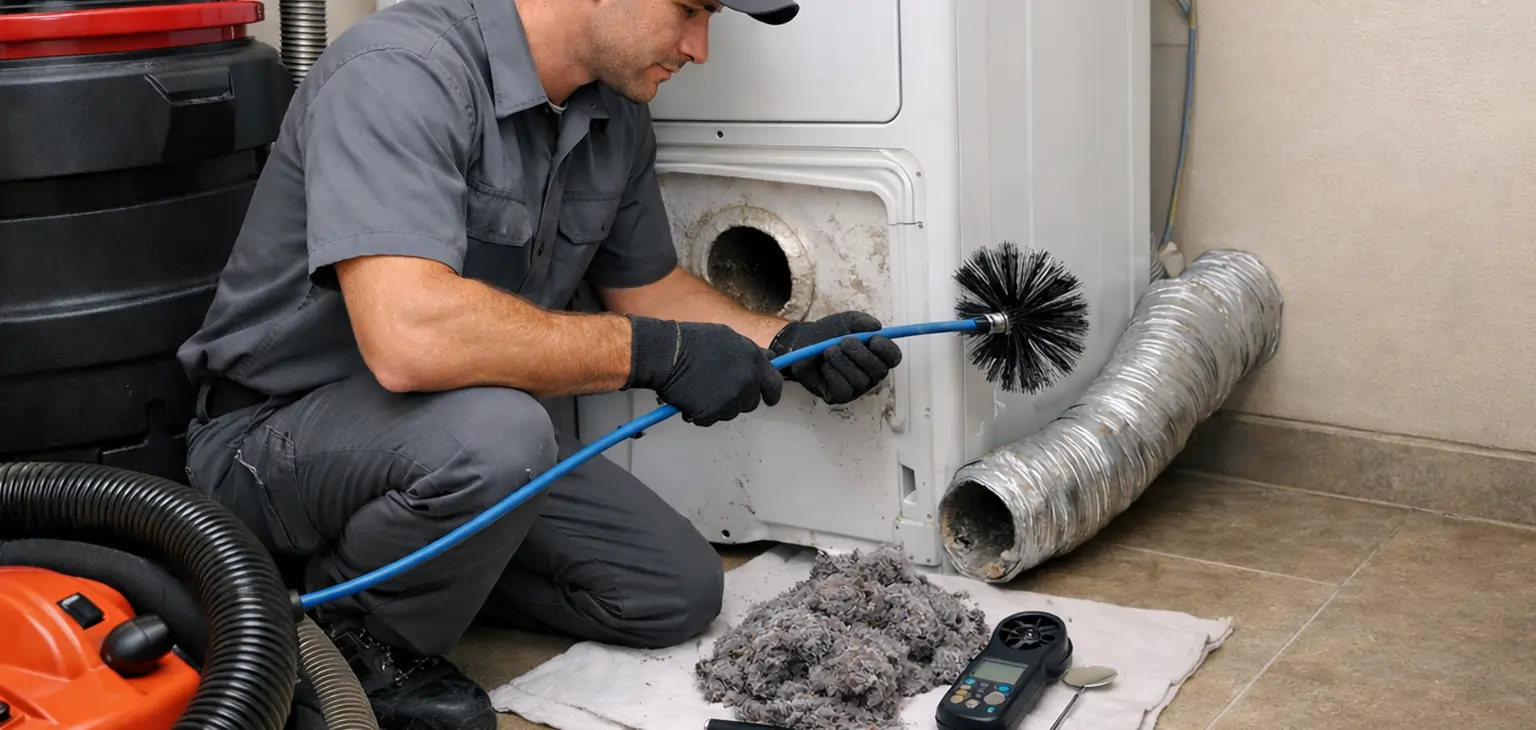 Dryer vent cleaning technician removing lint buildup