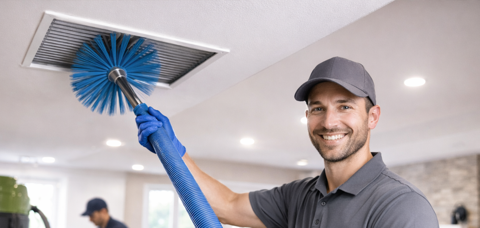 Air duct cleaning technician cleaning ceiling vent