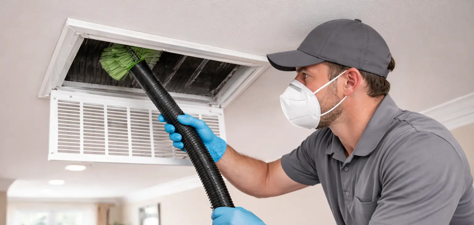 Technician cleaning air vent with vacuum brush