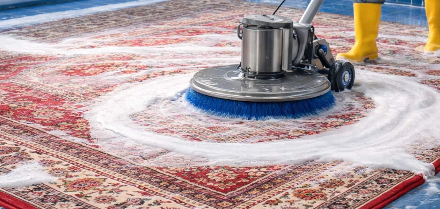 Rug cleaning process with technician using professional floor cleaning machine