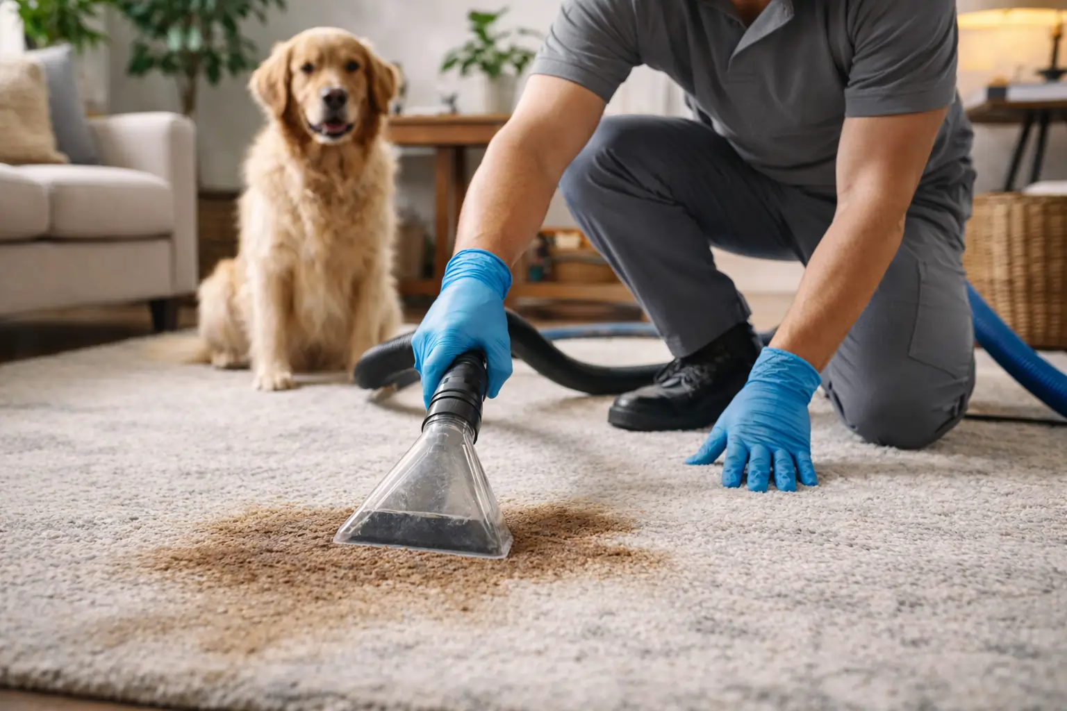 Rug stain cleaning by technician with pet dog nearby