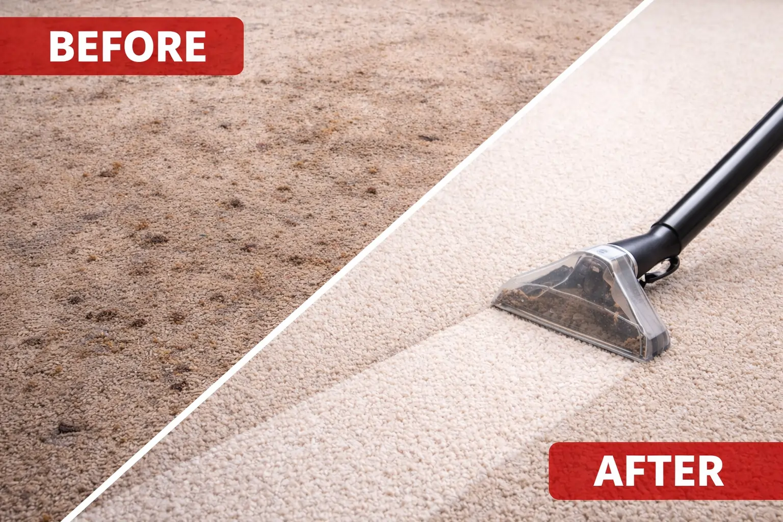 Carpet cleaning before and after with diagonal split showing stain removal