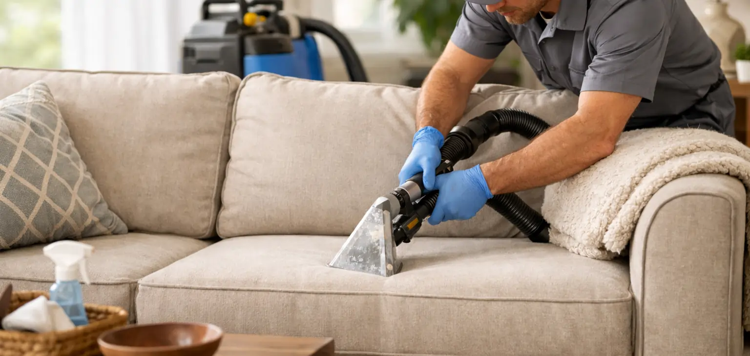 Professional upholstery cleaning technician in grey uniform cleaning sofa