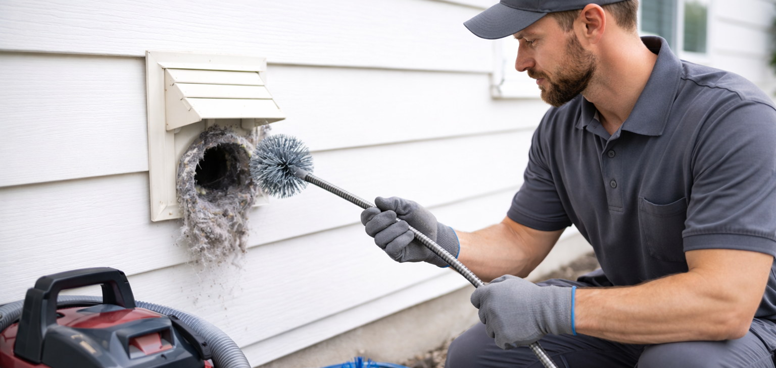 Dryer vent maintenance technician cleaning exterior vent with professional brush
